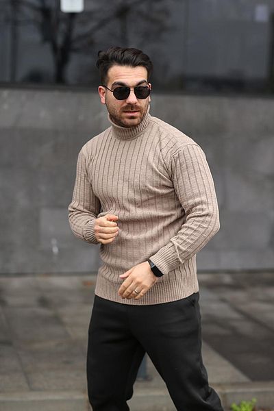 Black Sokak Men's Turtleneck Turtleneck Beige Winter Knitwear Sweater