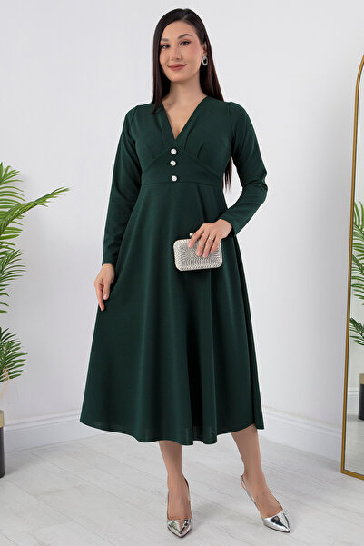 PULLIMM V-подібний комір, застібка спереду, сукня-кльош 2024-2159