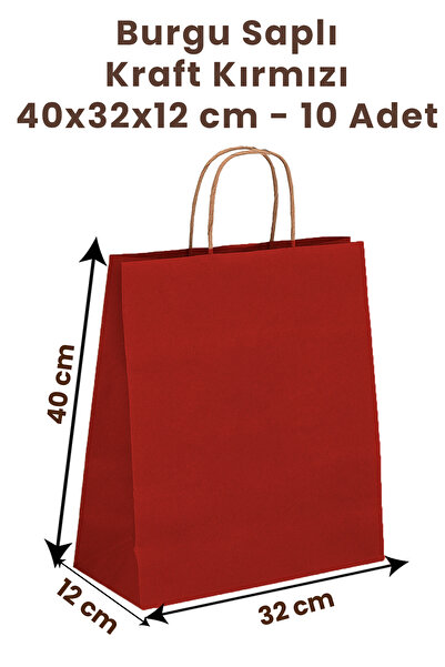 Balkan Kırmızı Kraft Burgu Saplı Kağıt Alışveriş Çanta 10 Adet - 32x12x40cm (KARTON) (ALIŞVERİŞ, HEDİYELİK)