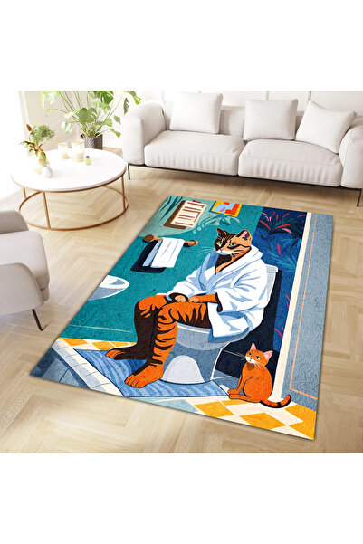 Rugs Modern Halı Kuzey Koleksiyonu Renkli Banyoda Beyaz Bornozlu Kedi Desenli...