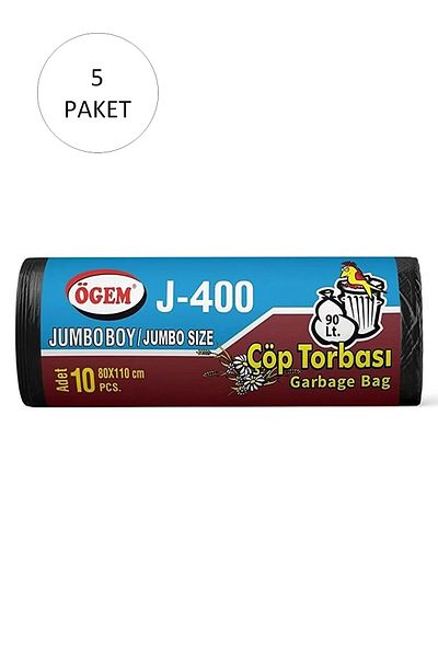 LiderGlobal J-400 Jumbo Size Garbage Bag 80 x 110 cm 10 Pieces Roll x 5 Pack = 50 Pieces (Black)