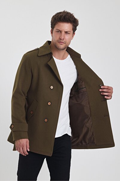 TREND KOMBİN Ανδρικό παλτό με διπλό στήθος καφέ στενή εφαρμογή