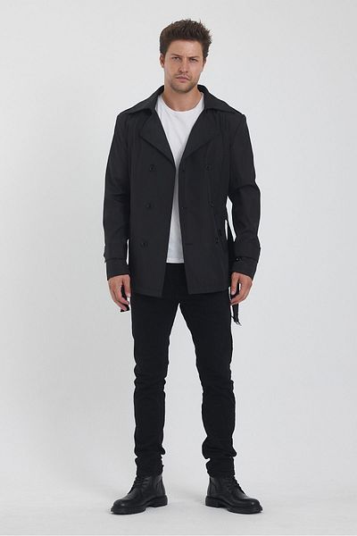 TREND KOMBİN Black Slim Fit Men's Trench Coat - Double Breasted Collar and Belt Detail