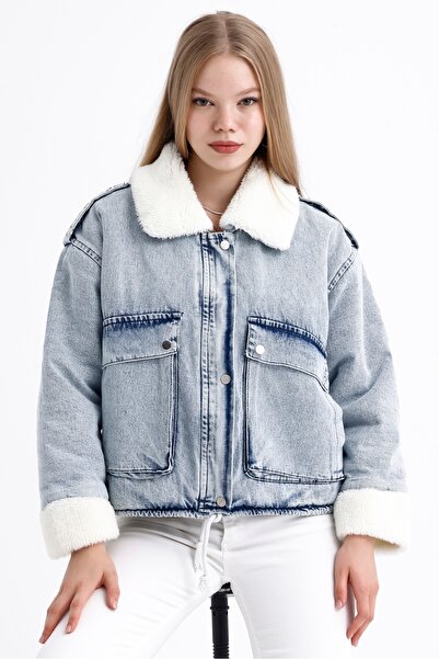 MD trend Дамско дънково палто с двоен джоб с цип и копчета, подплатено с кожа, в цвят снежнобял деним