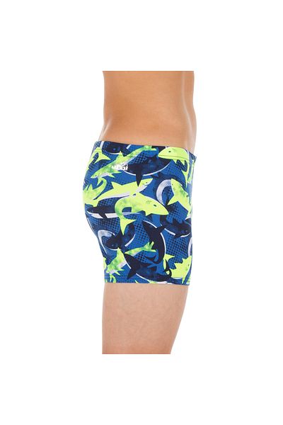 Decathlon Nabaiji Kids Boxer Swimsuit - Black/Neon Yellow - Shark Pattern - 500 Fitib
