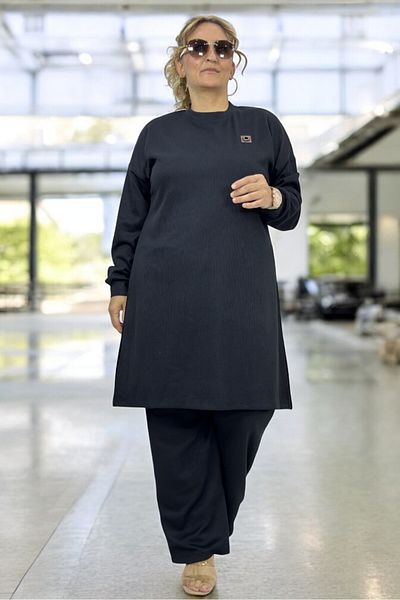 yagmurberen Large Size Double Knitwear Set - Ribbed Knitwear, Slit Detailed Tunic and Elastic Waist Trousers