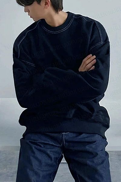 Millionaire Ανδρικό φούτερ Navy Blue Fleece - Λεπτομέρεια ραφής, 0 Crew Neck, Unprinted, Oversize Loose Cut