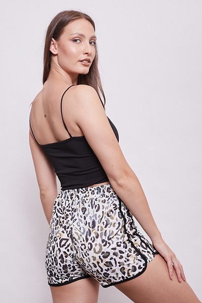 Jument Pantaloni scurți cu model din bumbac, cu 2 fire, cu talie elastică - crem leopard