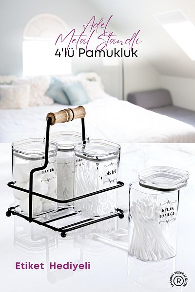 GRİMOR Life 4 قطع من قطن الأذن الأكريليك مع حامل معدني - قطن ومكياج ومنظم خيط تنظيف الأسنان - مع هدية ملصق