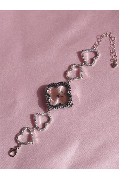 Reorah Collection Love in Time Clock - White Zircon Stone Clock with Pink Heart