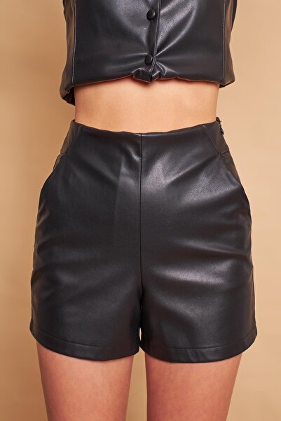 Jument Οικολογικό ψεύτικο δέρμα ψηλόμεσο σορτς με τσέπες (πλαϊνό φερμουάρ)-μαύρο