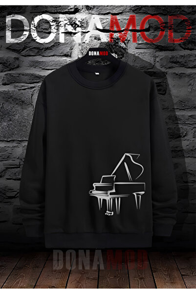 donamod Черен суичър с кръгло деколте и клавиши за пиано, урок по музика, под...