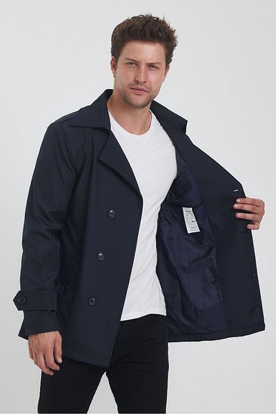 TREND KOMBİN Navy Blue Slim Fit Trench Coat - Double Breasted Collar and Belt Detail