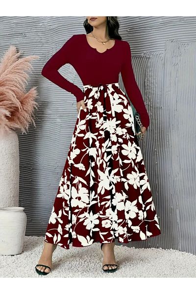 Trendusfashion Collar Open Top Camisole Waist Belted Bottom Floral Printed Diver Dress
