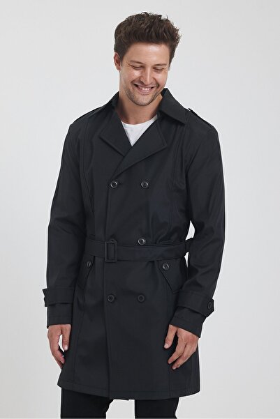 TREND KOMBİN Erkek Siyah Kruvaze Yaka Kemer Detaylı Slim Fit Trençkot