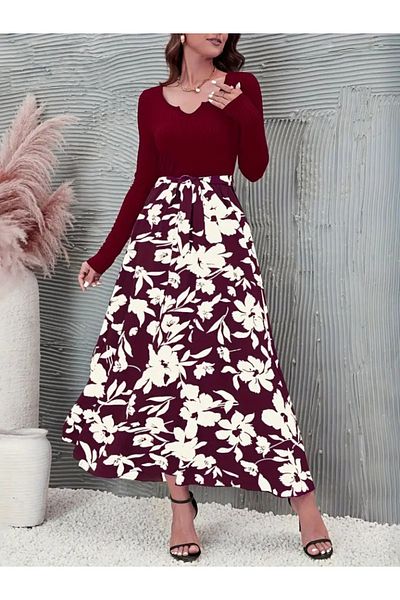 Trendusfashion Collar Open Top Camisole Waist Belted Bottom Floral Printed Diver Dress