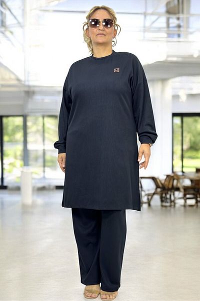 yagmurberen Large Size Double Knitwear Set - Ribbed Knitwear, Slit Detailed Tunic and Elastic Waist Trousers