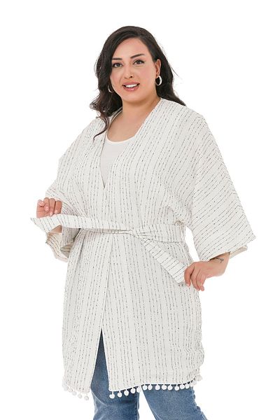 DISENTIS MODEST Large Size Bat Sleeve Skirt with Pompom Belted Pocket Lined Navy Blue Striped Kimono on White