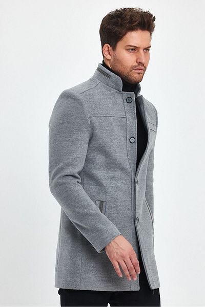 TREND KOMBİN Ανδρικό παλτό σε ανοιχτό γκρι κασμίρ - Slim Fit