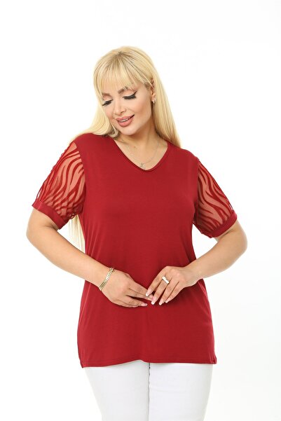 EGZEBRU Plus Size Zebra Print Burgundy Blouse - Short Sleeve