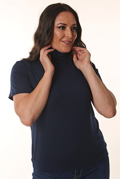 Trend42plus Turtleneck Short Sleeve Navy Blue Knitwear Blouse