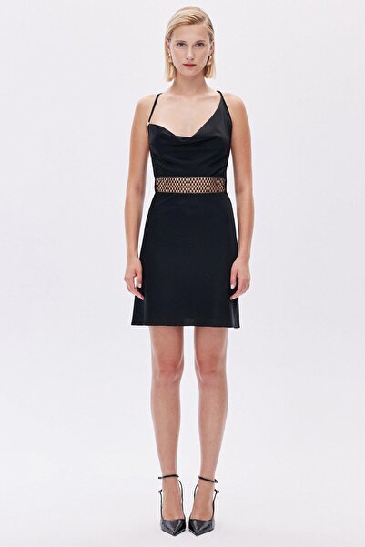 Feu De Elu Calla Lily Siyah File Detaylı Asimetrik Degaje Kısa Saten Gecelik