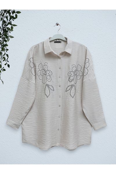 Modamorfo Πουκάμισο με λουλούδια σε μπεζ χρώμα Oversize