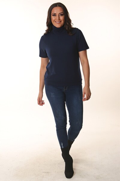Trend42plus Turtleneck Short Sleeve Navy Blue Knitwear Blouse
