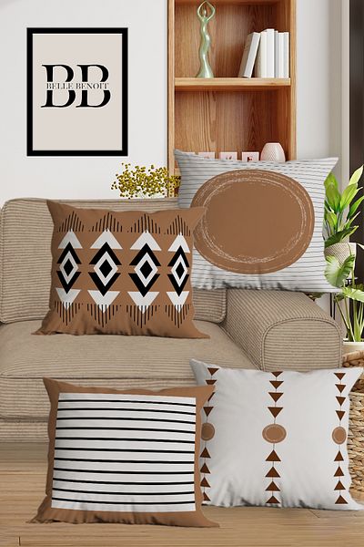 Belle Benoit Brown Bohemian Double Sided Printed 4-Piece Pillowcase, Throw Pillow Cover and American Service Runner Set