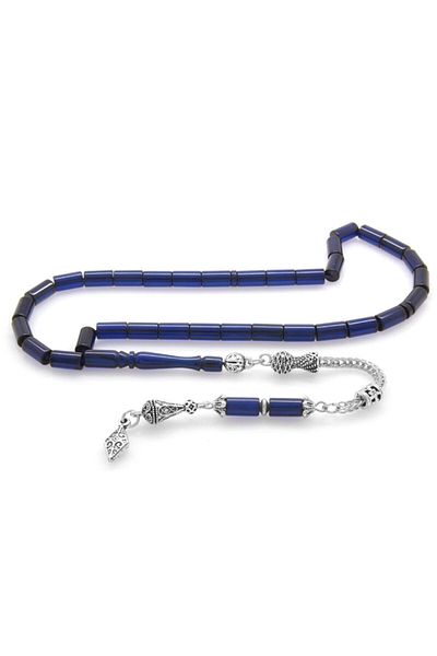 Tesbihane Navy Blue Crimped Amber - Non-Tarnish Metal, Anatolian Pattern, Tasseled Cutting