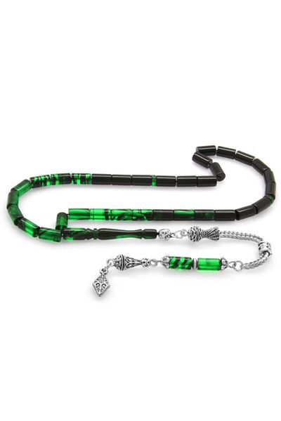 Tesbihane Green-Black Crimped Amber - Tarnish-Free Metal, Anatolian Pattern, Tassel Cut Cut
