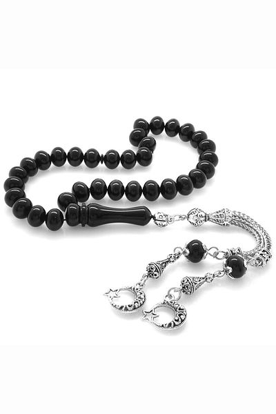 Tesbihane Non-Tarnish Metal Crescent Star Tasseled Wheel Cut Black Clamping Amber Prayer Beads