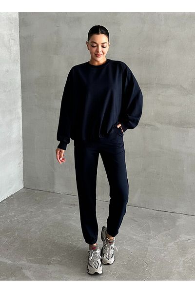 Laluvia Navy Blue Riven Long Sleeve Elastic Leg Set