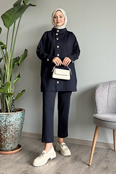 InStyle Buttoned Judge Collar Navy Blue Scuba Suit