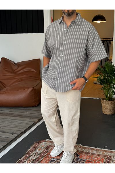 BYBASICMAN Anthracite Double Striped Short Sleeve Shirt V-40-886