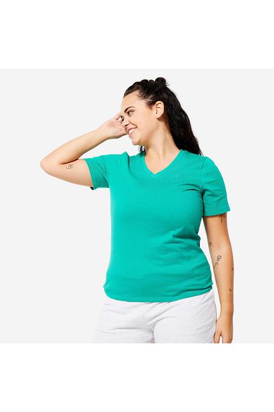 Decathlon Domyos Women's V Neck Sports T-Shirt - Green Turquoise - Fitness