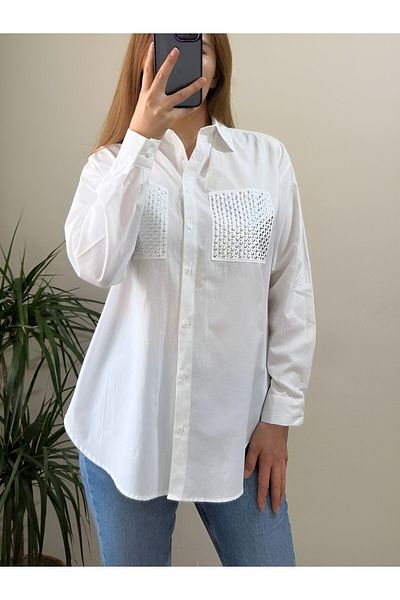 Modamorfo Cămașă din popelin cu detalii de piatră - albă