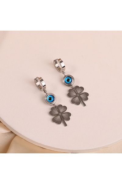 FOURSOLOS Steel Women's Earrings, (Middle Size) Evil Eye Bead Clover, Silver Color, No:78
