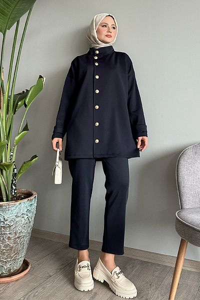 InStyle Buttoned Judge Collar Navy Blue Scuba Suit