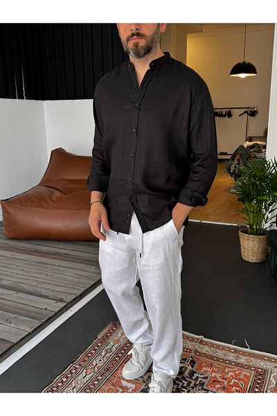BYBASICMAN Black Judge Collar Raw Linen Shirt G-5252