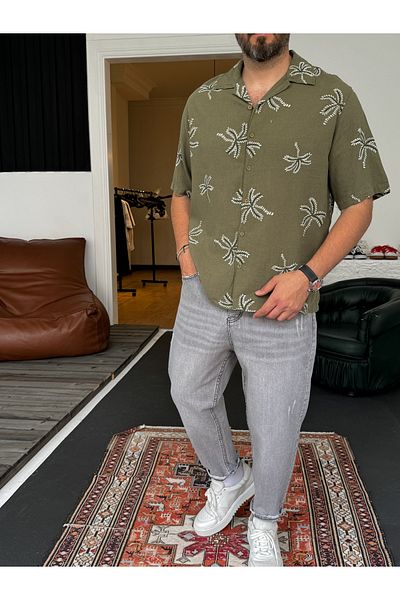 BYBASICMAN Khaki Palm Embroidered Shirt G-5444/3
