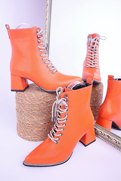 UYG Retro Turuncu Bağcıklı Topuklu Kısa Kadın Bot