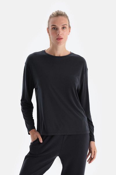 Dagi Schwarzes Damen-Langarm-T-Shirt aus Modal