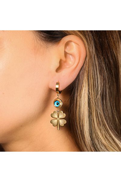 FOURSOLOS Steel Women's Earrings, (Middle Size) Evil Eye Bead Clover, Gold Color, No:77
