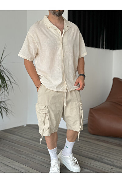 BYBASICMAN Beige Leaf Embroidered Short Sleeve Shirt V-40-881