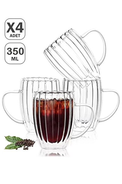 Mallame 4lü Çift Cidarlı 350 ml Kulplu Isıya Dayanıklı Cam Bardak Burgulu Çay...