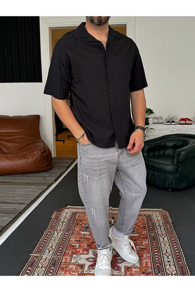 BYBASICMAN Black Leaf Embroidered Shirt G-5444