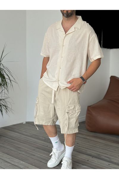 BYBASICMAN Beige Leaf Embroidered Short Sleeve Shirt V-40-881