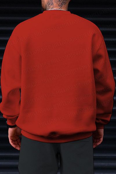Millionaire Men's Red Basic 0 Crew Neck Unprinted Plain Oversize Loose Loose Fit Fleece Sweatshirt