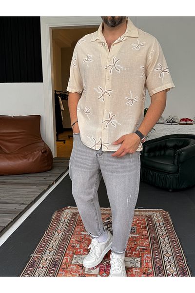 BYBASICMAN Beige Palm Embroidered Shirt G-5444/3